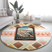 Santorini Greece Round Carpet Sunset Village Print and Mediterranean Geometric Pattern
