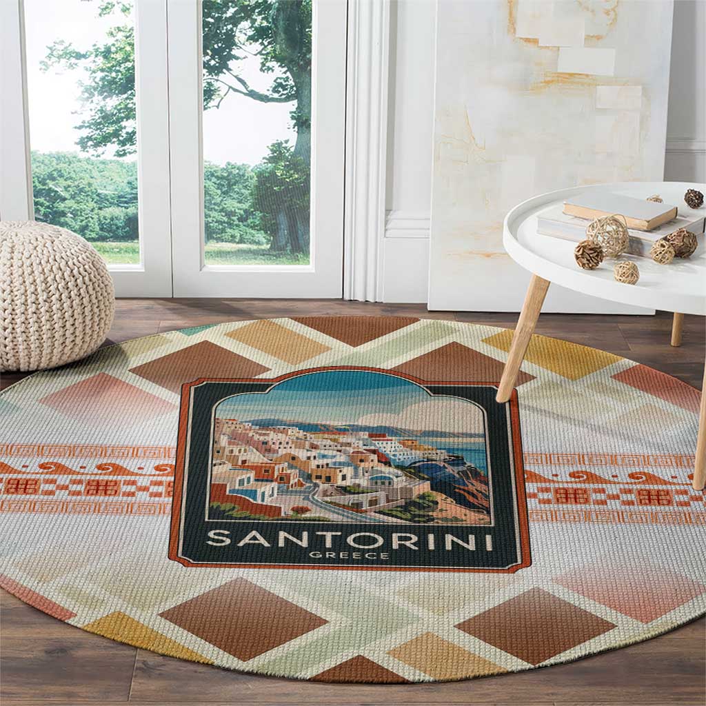 Santorini Greece Round Carpet Sunset Village Print and Mediterranean Geometric Pattern