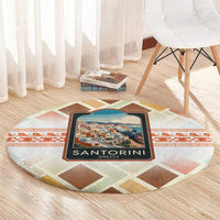 Santorini Greece Round Carpet Sunset Village Print and Mediterranean Geometric Pattern
