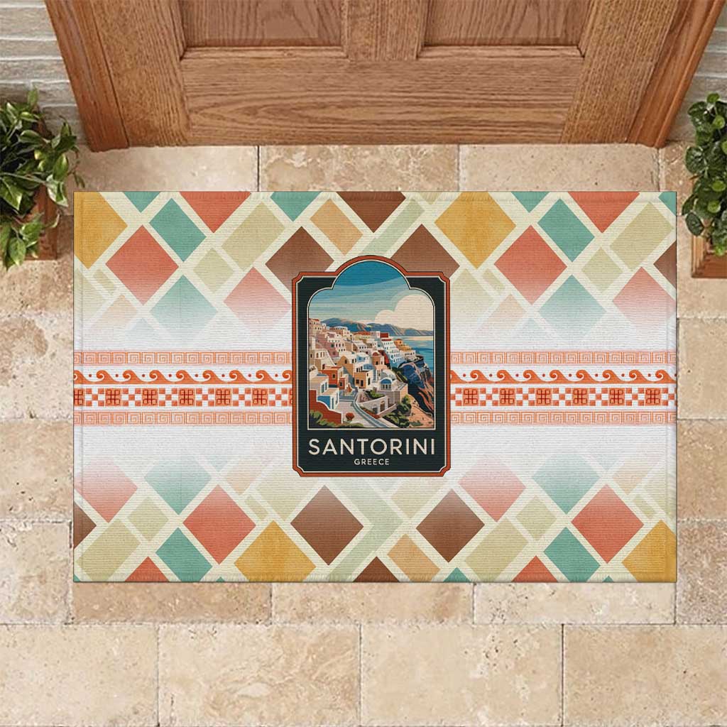 Santorini Greece Rubber Doormat Sunset Village Print and Mediterranean Geometric Pattern