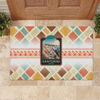 Santorini Greece Rubber Doormat Sunset Village Print and Mediterranean Geometric Pattern