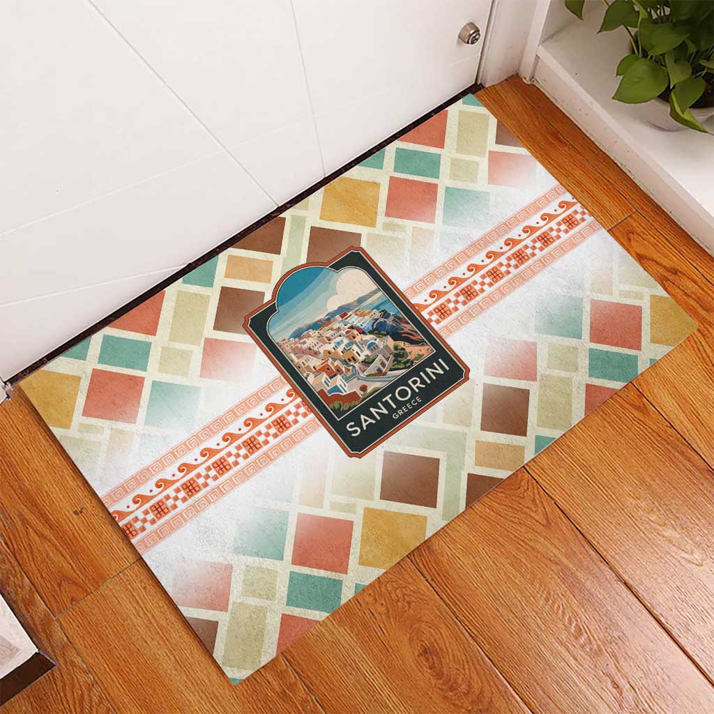 Santorini Greece Rubber Doormat Sunset Village Print and Mediterranean Geometric Pattern