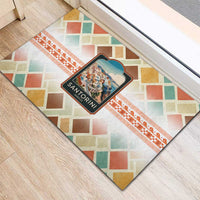 Santorini Greece Rubber Doormat Sunset Village Print and Mediterranean Geometric Pattern