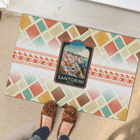 Santorini Greece Rubber Doormat Sunset Village Print and Mediterranean Geometric Pattern