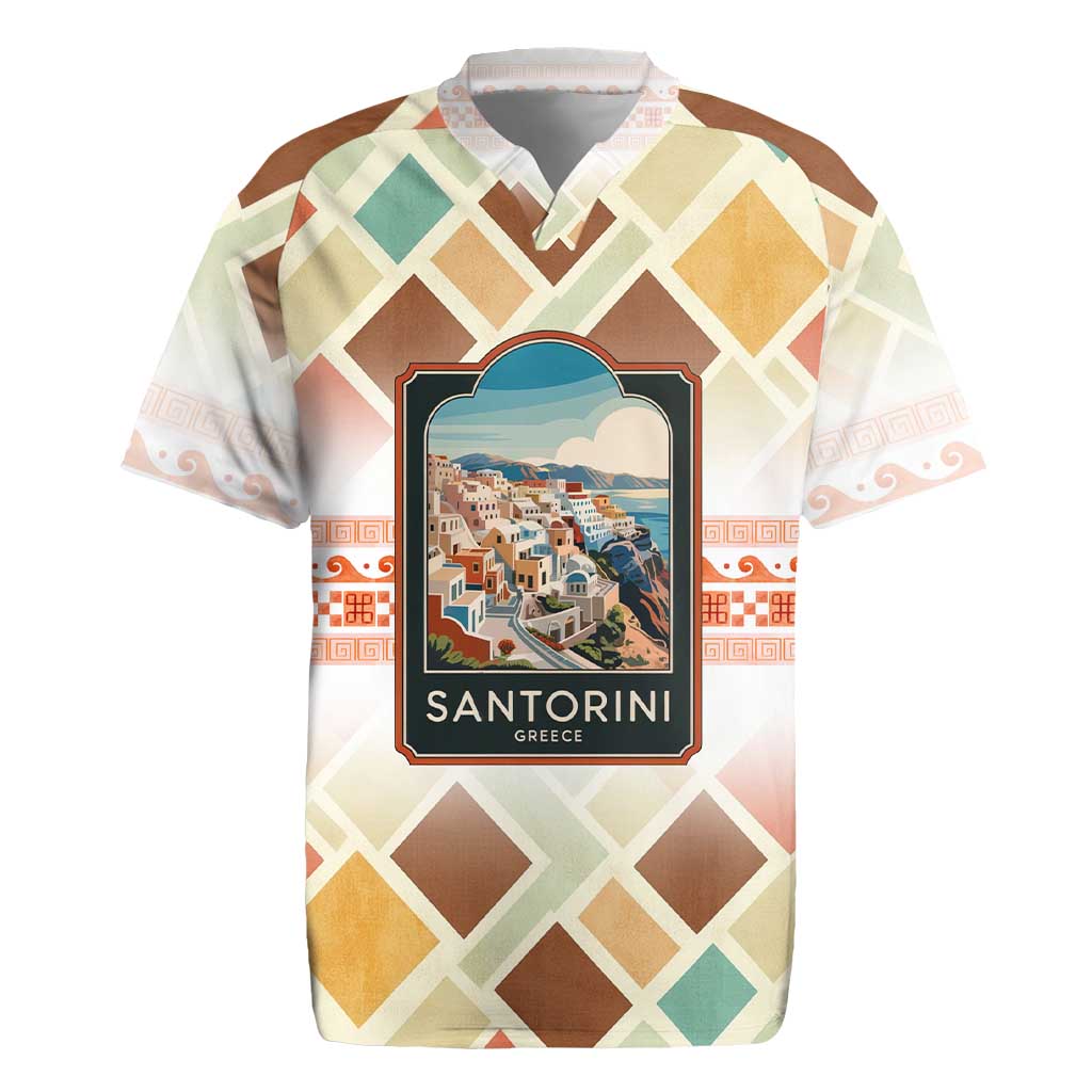 Santorini Greece Rugby Jersey Sunset Village Print and Mediterranean Geometric Pattern
