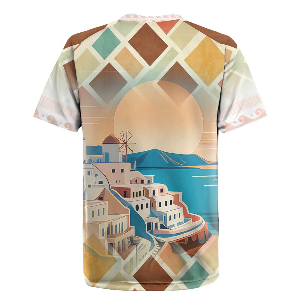 Santorini Greece Rugby Jersey Sunset Village Print and Mediterranean Geometric Pattern