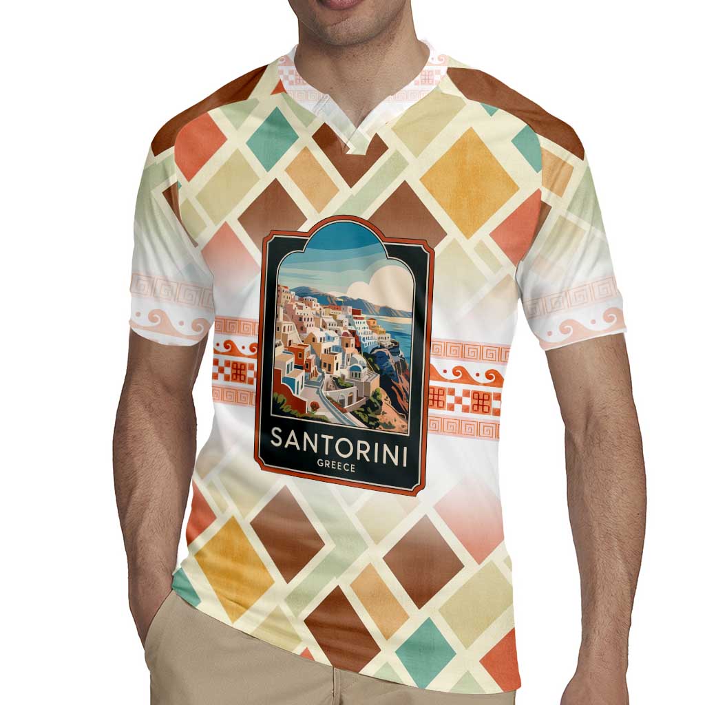 Santorini Greece Rugby Jersey Sunset Village Print and Mediterranean Geometric Pattern