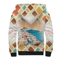 Santorini Greece Sherpa Hoodie Sunset Village Print and Mediterranean Geometric Pattern