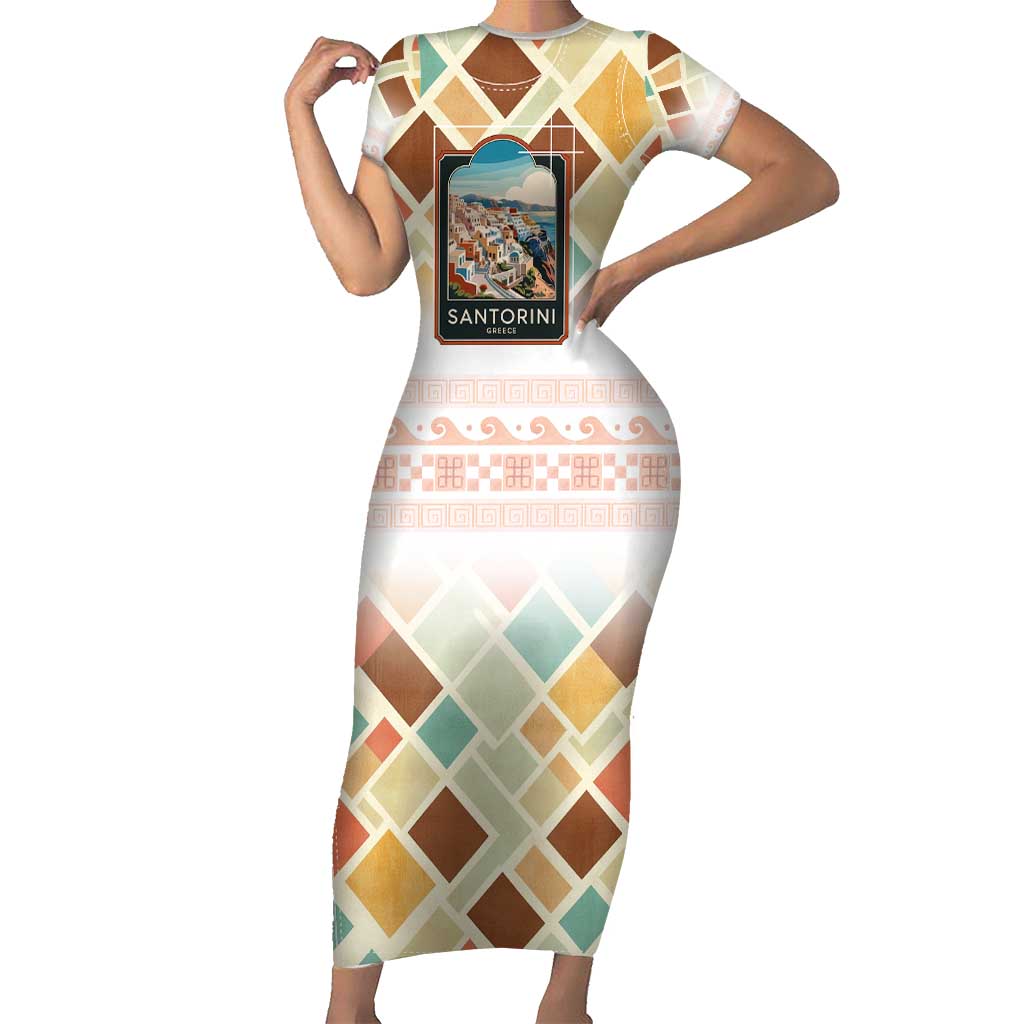Santorini Greece Short Sleeve Bodycon Dress Sunset Village Print and Mediterranean Geometric Pattern