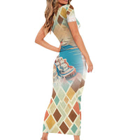 Santorini Greece Short Sleeve Bodycon Dress Sunset Village Print and Mediterranean Geometric Pattern