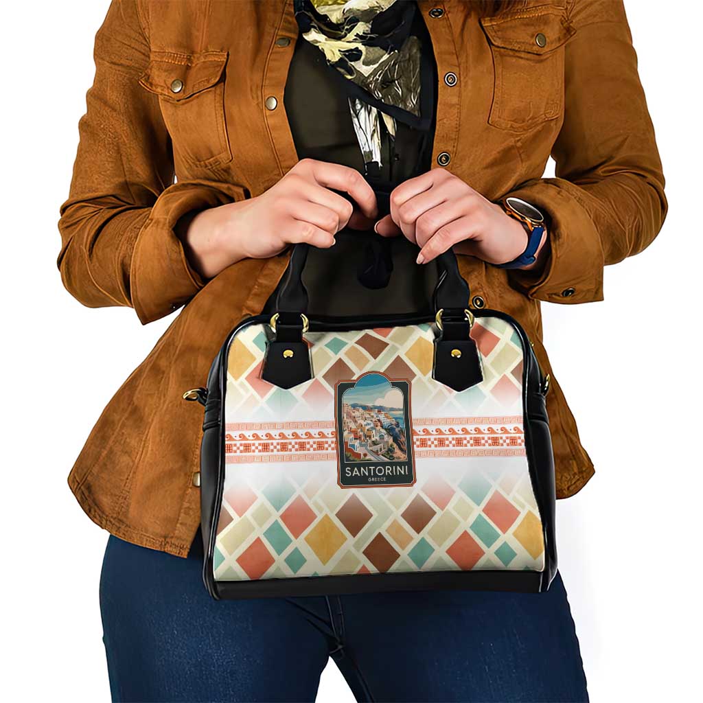 Santorini Greece Shoulder Handbag Sunset Village Print and Mediterranean Geometric Pattern