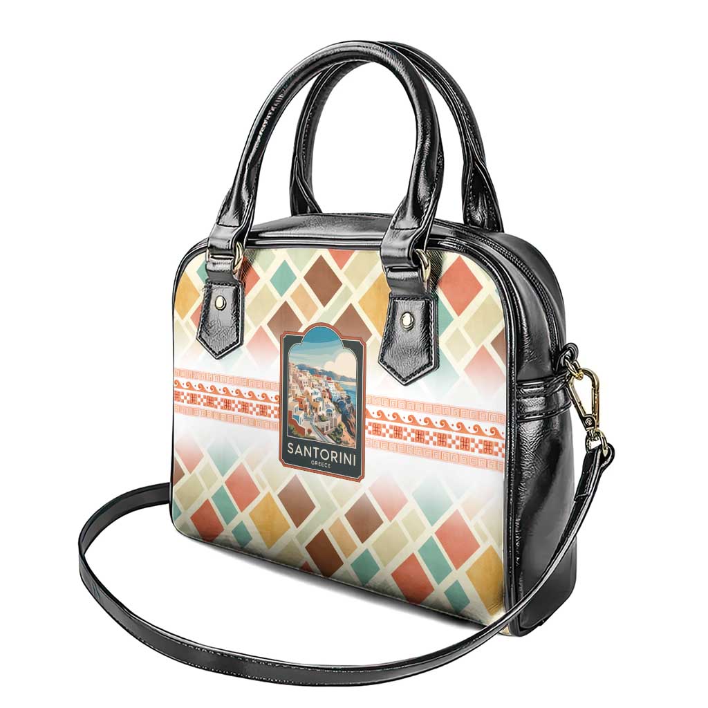 Santorini Greece Shoulder Handbag Sunset Village Print and Mediterranean Geometric Pattern