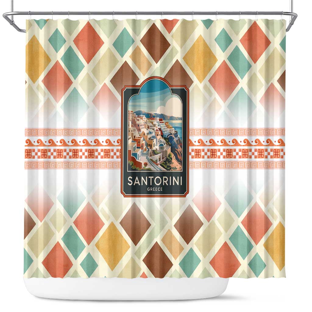 Santorini Greece Shower Curtain Sunset Village Print and Mediterranean Geometric Pattern