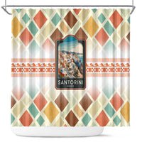 Santorini Greece Shower Curtain Sunset Village Print and Mediterranean Geometric Pattern