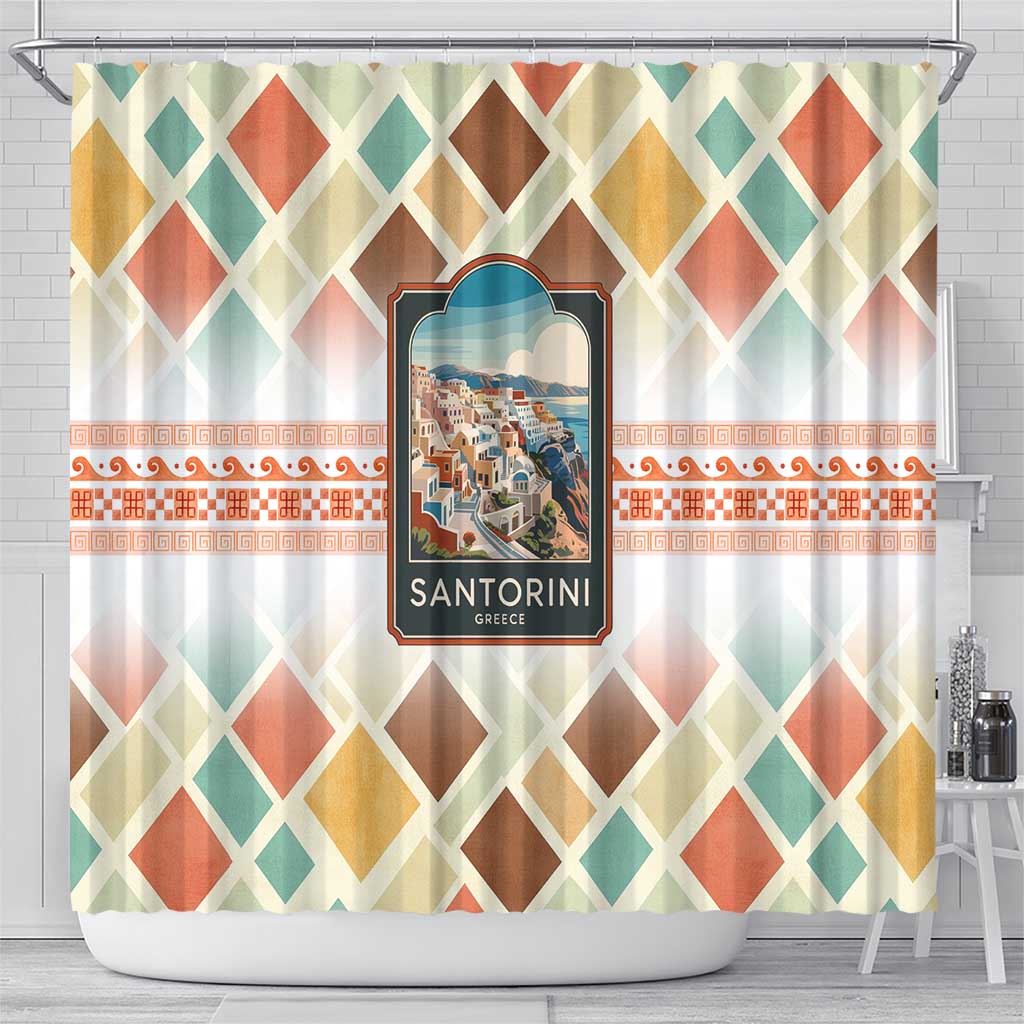Santorini Greece Shower Curtain Sunset Village Print and Mediterranean Geometric Pattern