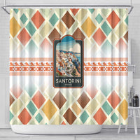 Santorini Greece Shower Curtain Sunset Village Print and Mediterranean Geometric Pattern