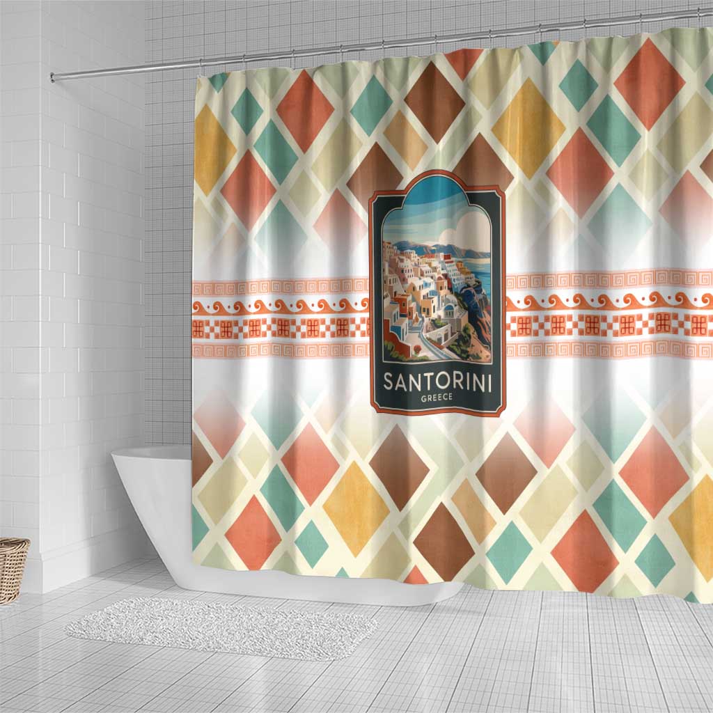 Santorini Greece Shower Curtain Sunset Village Print and Mediterranean Geometric Pattern