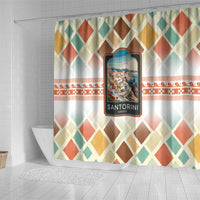 Santorini Greece Shower Curtain Sunset Village Print and Mediterranean Geometric Pattern