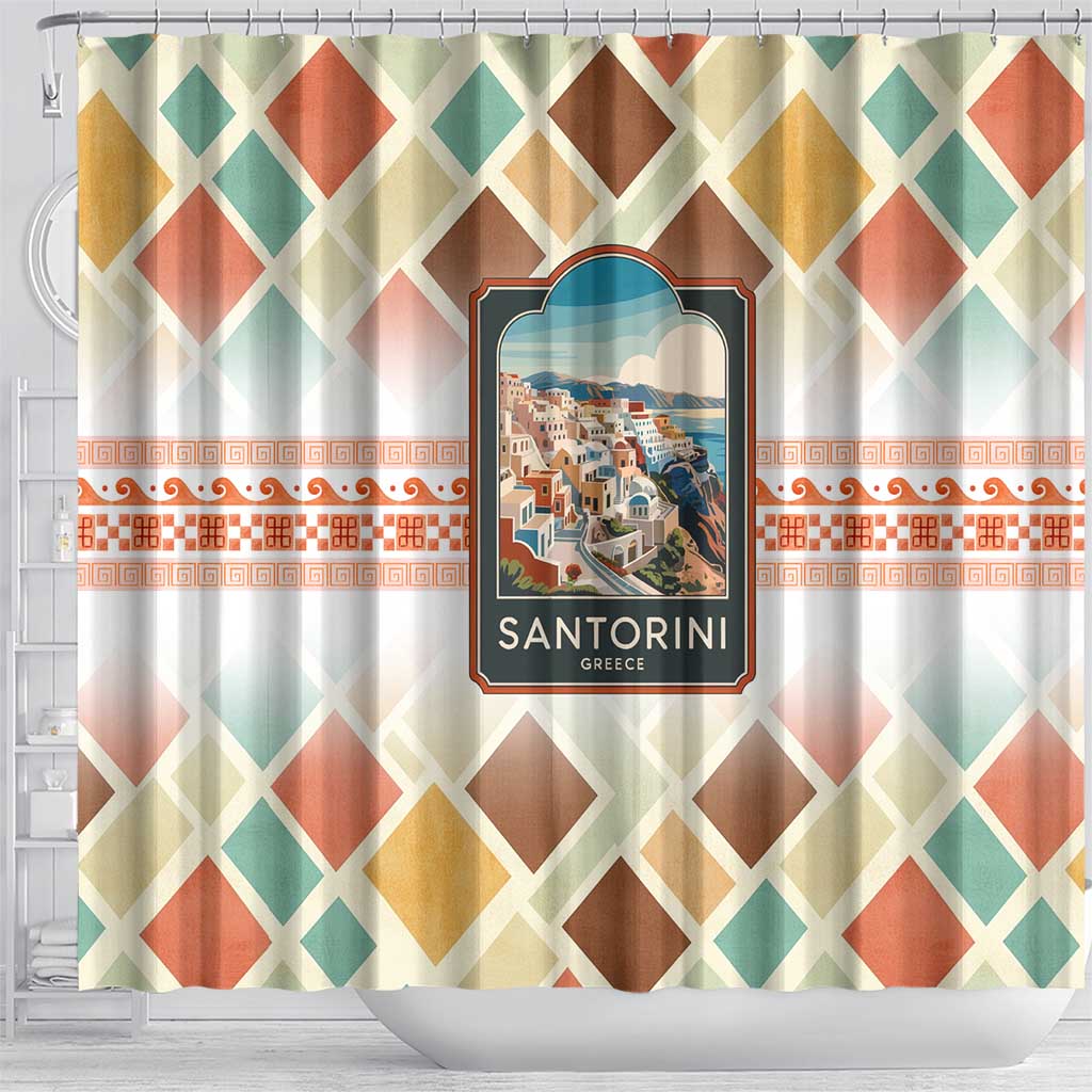 Santorini Greece Shower Curtain Sunset Village Print and Mediterranean Geometric Pattern