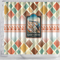 Santorini Greece Shower Curtain Sunset Village Print and Mediterranean Geometric Pattern