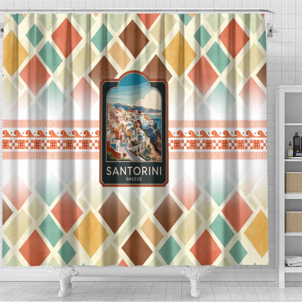 Santorini Greece Shower Curtain Sunset Village Print and Mediterranean Geometric Pattern