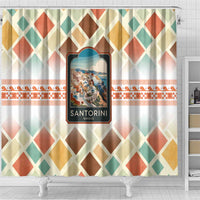 Santorini Greece Shower Curtain Sunset Village Print and Mediterranean Geometric Pattern