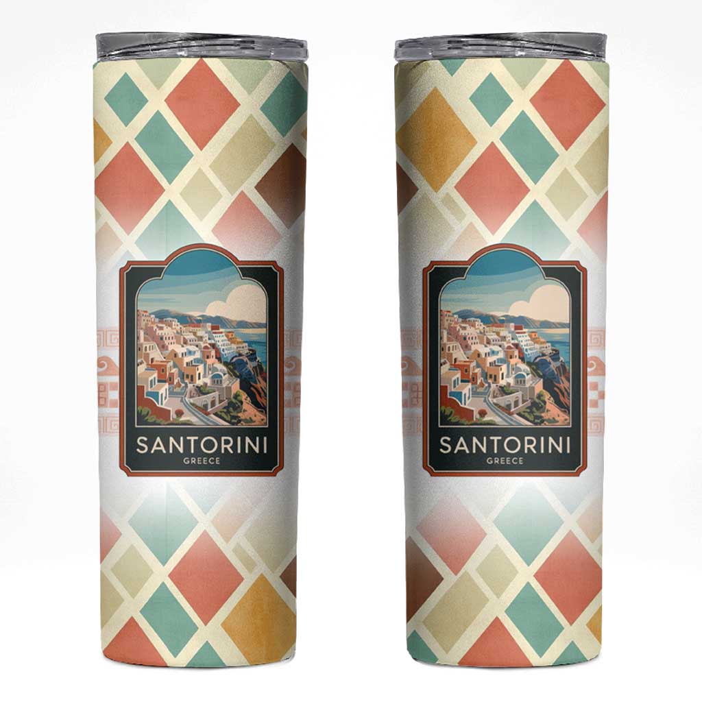 Santorini Greece Skinny Tumbler Sunset Village Print and Mediterranean Geometric Pattern