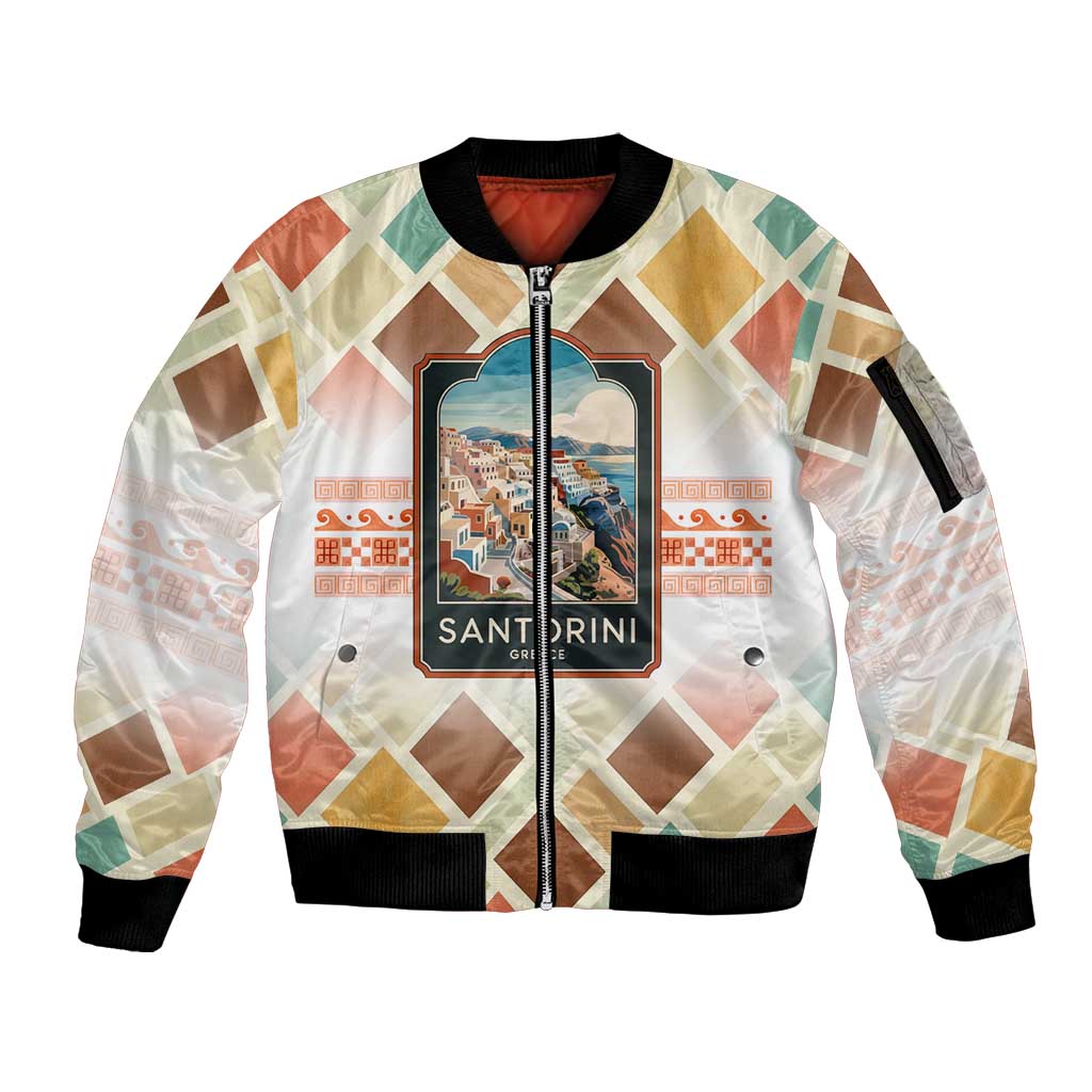 Santorini Greece Sleeve Zip Bomber Jacket Sunset Village Print and Mediterranean Geometric Pattern
