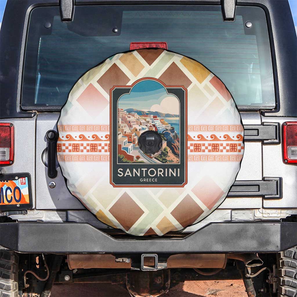 Santorini Greece Spare Tire Cover Sunset Village Print and Mediterranean Geometric Pattern