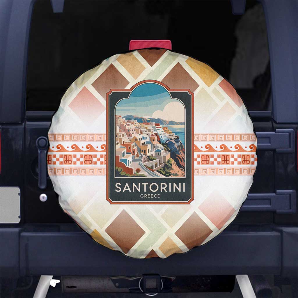 Santorini Greece Spare Tire Cover Sunset Village Print and Mediterranean Geometric Pattern