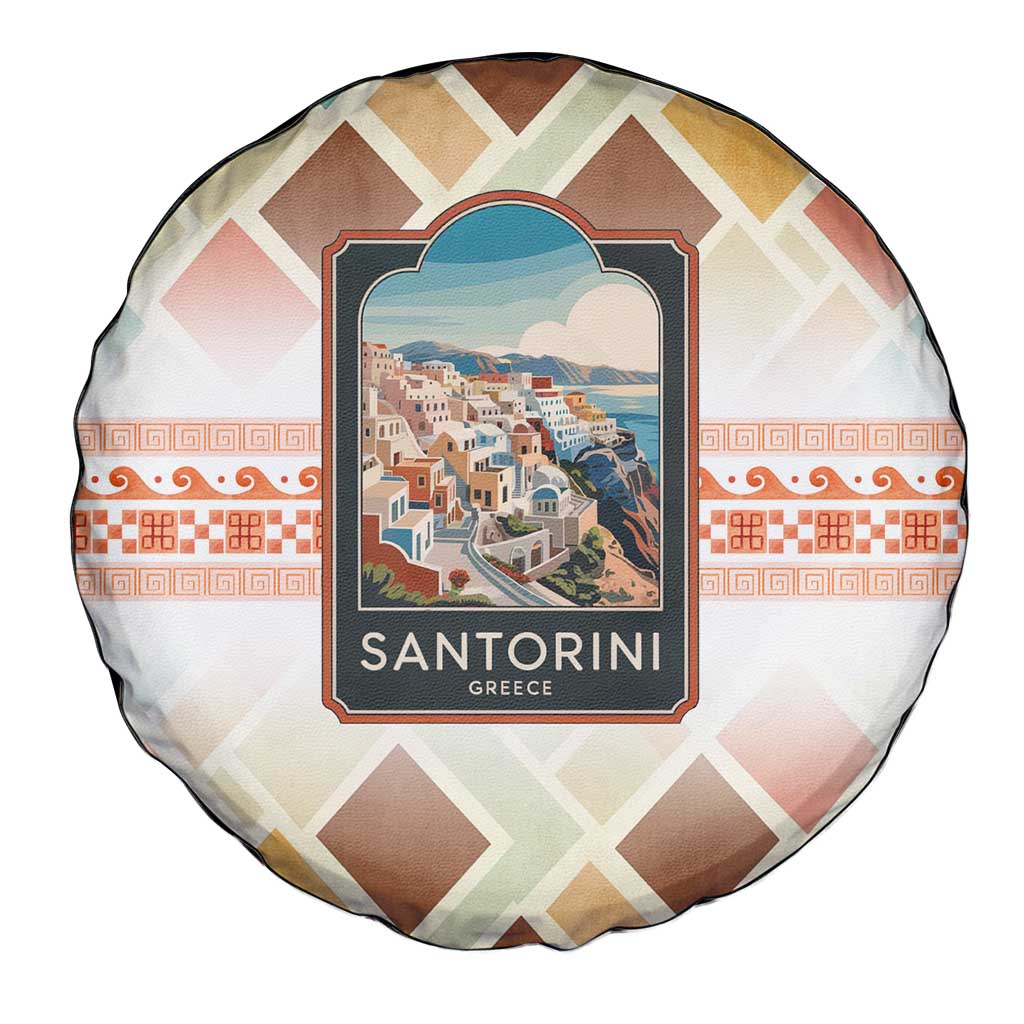 Santorini Greece Spare Tire Cover Sunset Village Print and Mediterranean Geometric Pattern