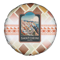 Santorini Greece Spare Tire Cover Sunset Village Print and Mediterranean Geometric Pattern