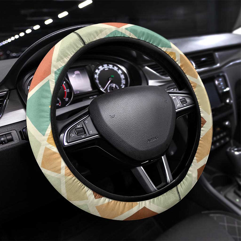 Santorini Greece Steering Wheel Cover Sunset Village Print and Mediterranean Geometric Pattern