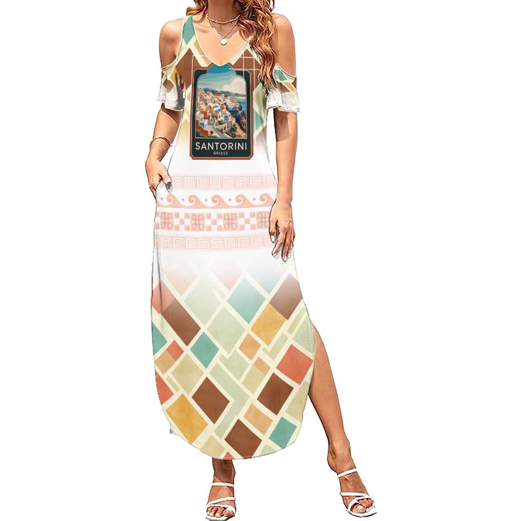 Santorini Greece Summer Maxi Dress Sunset Village Print and Mediterranean Geometric Pattern