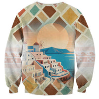 Santorini Greece Sweatshirt Sunset Village Print and Mediterranean Geometric Pattern
