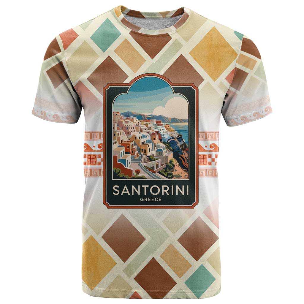 Santorini Greece T Shirt Sunset Village Print and Mediterranean Geometric Pattern
