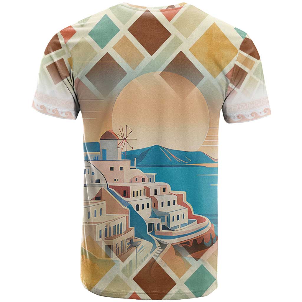 Santorini Greece T Shirt Sunset Village Print and Mediterranean Geometric Pattern