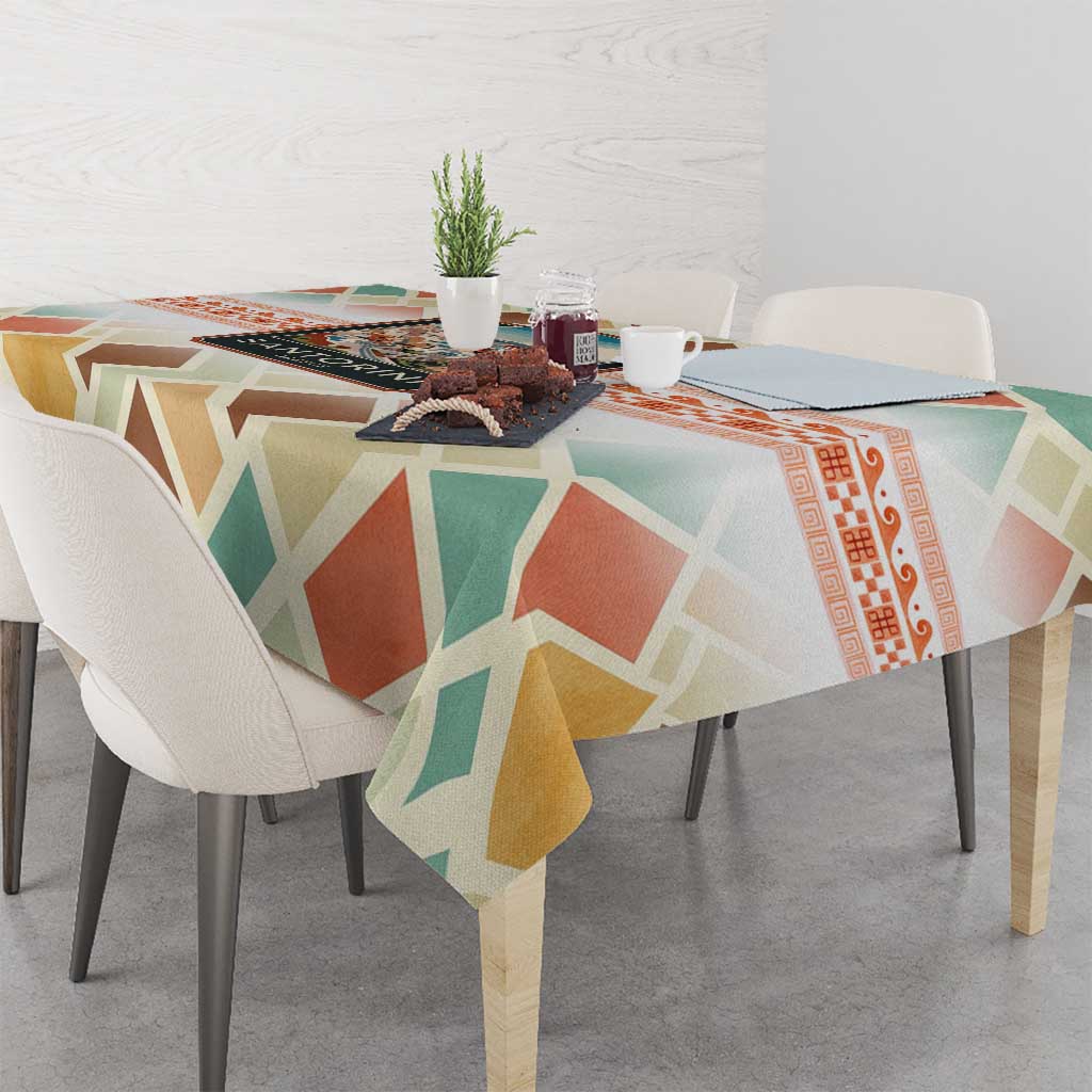 Santorini Greece Tablecloth Sunset Village Print and Mediterranean Geometric Pattern