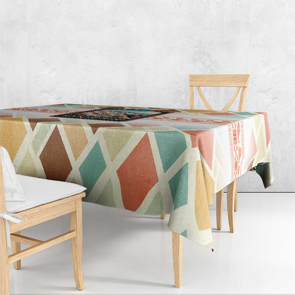 Santorini Greece Tablecloth Sunset Village Print and Mediterranean Geometric Pattern