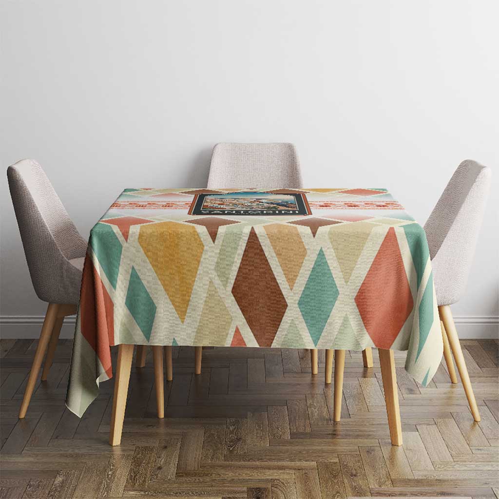 Santorini Greece Tablecloth Sunset Village Print and Mediterranean Geometric Pattern