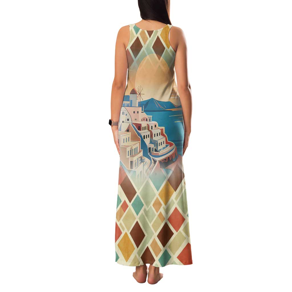 Santorini Greece Tank Maxi Dress Sunset Village Print and Mediterranean Geometric Pattern