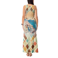Santorini Greece Tank Maxi Dress Sunset Village Print and Mediterranean Geometric Pattern