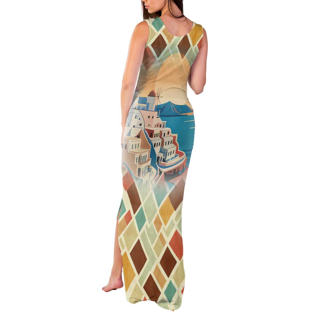 Santorini Greece Tank Maxi Dress Sunset Village Print and Mediterranean Geometric Pattern