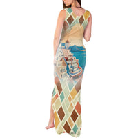 Santorini Greece Tank Maxi Dress Sunset Village Print and Mediterranean Geometric Pattern