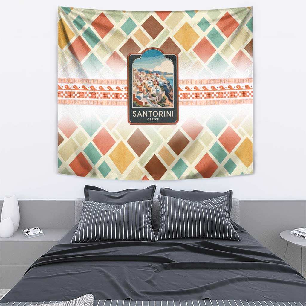 Santorini Greece Tapestry Sunset Village Print and Mediterranean Geometric Pattern