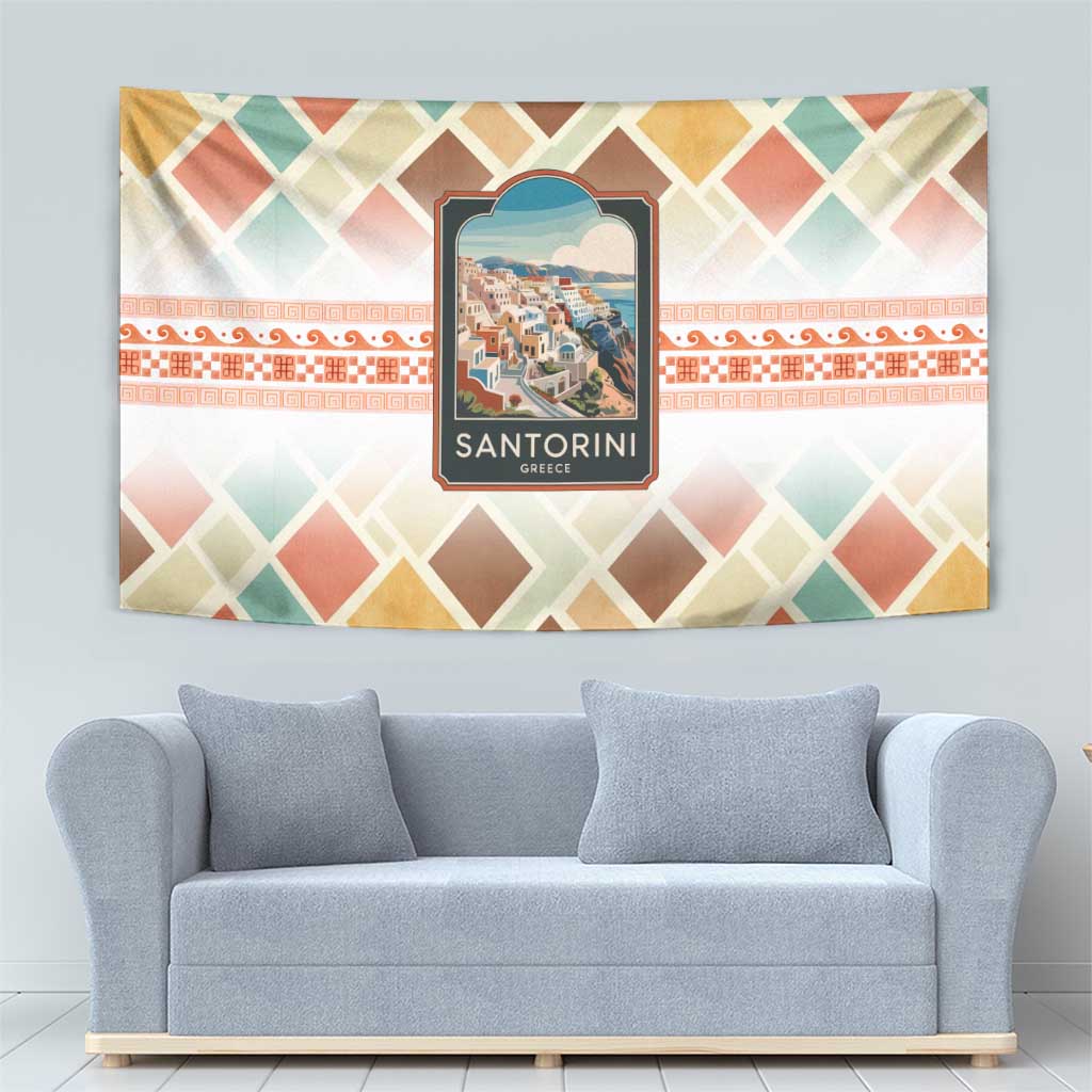 Santorini Greece Tapestry Sunset Village Print and Mediterranean Geometric Pattern