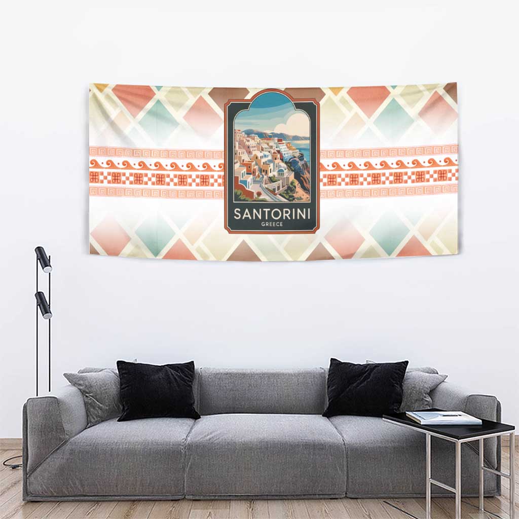 Santorini Greece Tapestry Sunset Village Print and Mediterranean Geometric Pattern