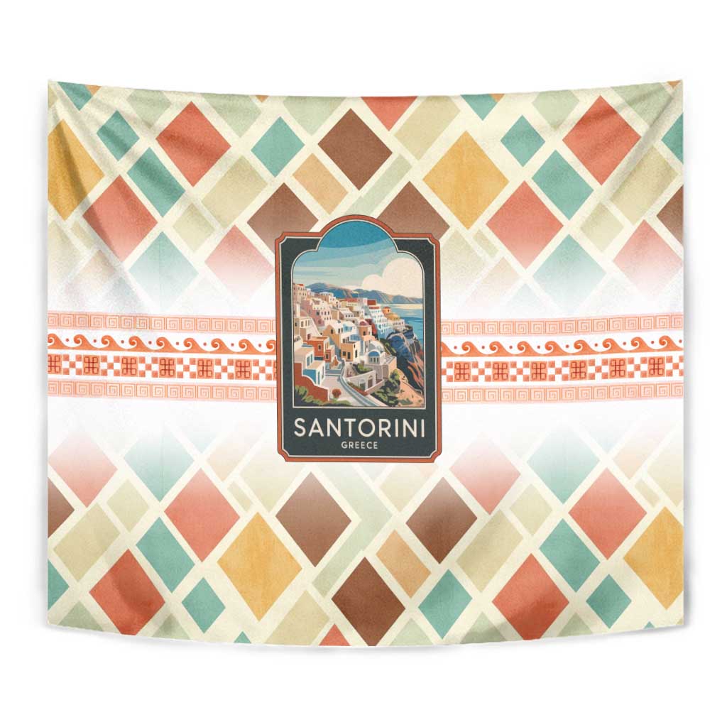 Santorini Greece Tapestry Sunset Village Print and Mediterranean Geometric Pattern