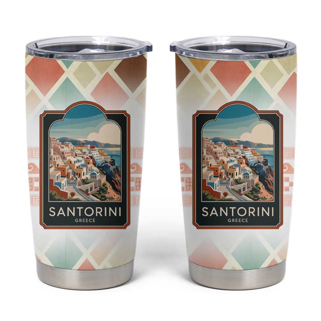 Santorini Greece Tumbler Cup Sunset Village Print and Mediterranean Geometric Pattern