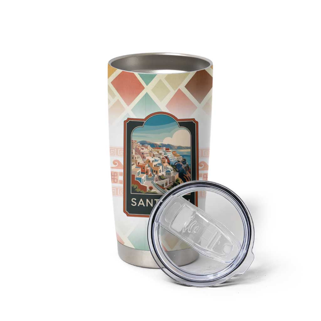 Santorini Greece Tumbler Cup Sunset Village Print and Mediterranean Geometric Pattern